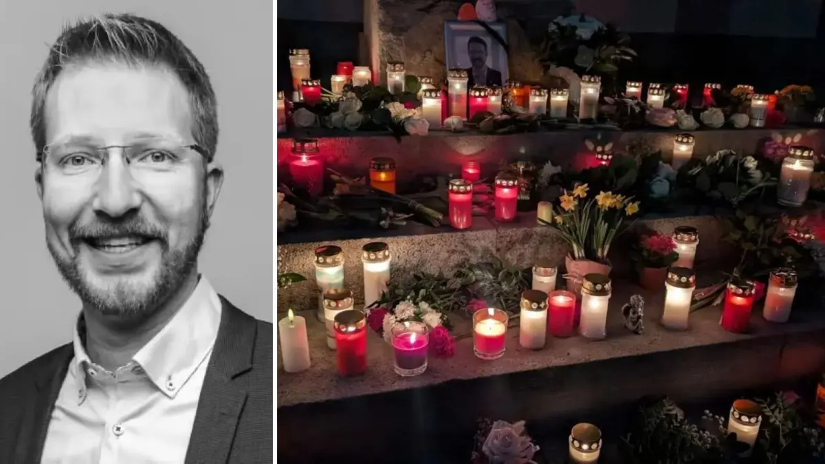 COLLAGE FÜR ONLINE Gerabronn - Trauer um Bürgermeister nach Unfall: Vor dem Gerabronner Rathaus haben Bürgerinnen und Bürger viele Blumen und Kerzen abgelegt.