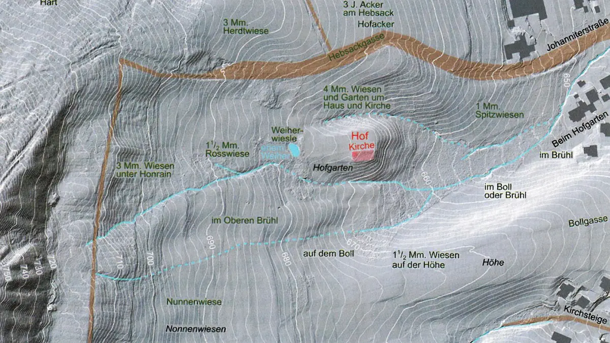 Der Johanniterhof Jungental bei Starzeln. Auf dem sogenannten Lidar-Bild, einer Laser-Messmethode, ist der Ort des abgegangenen Hofes Jungental samt Johanneskirchlein gut zu identifizieren.