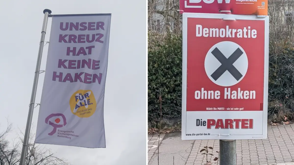 Kreuz-Wahlplakate vor der evangelischen Kirche in Rottenburg (links) und in Tübingen (rechts)