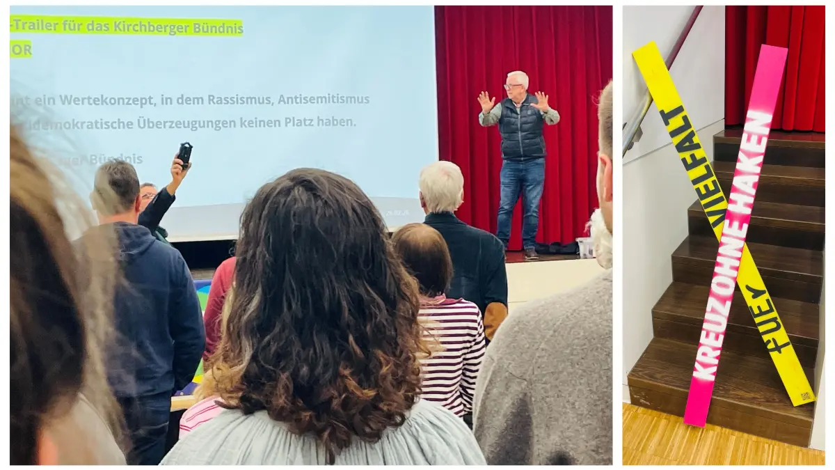 Kirchberger Bündnis Vollversammlung Kirchberg Stadthalle Aktion "Kreuz ohne Haken"