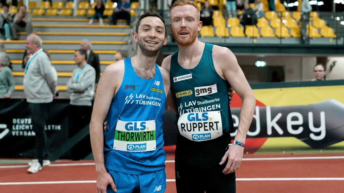 GER, Leichtathletik, Athletics, Deutsche Hallen-Meisterschaft, Dortmund, 27.02.2026: Frederik Ruppert (LAV Stadtwerke Tuebingen, 588, 3000m Maenner), Maximilian Thorwirth (LAV Stadtwerke Tuebingen, 589, 3000m Maenner), GER, Leichtathletik, Athletics, Deutsche Hallen-Meisterschaft, Dortmund, 27.02.2026,
Foto: Eibner-Pressefoto/Stefan Mayer