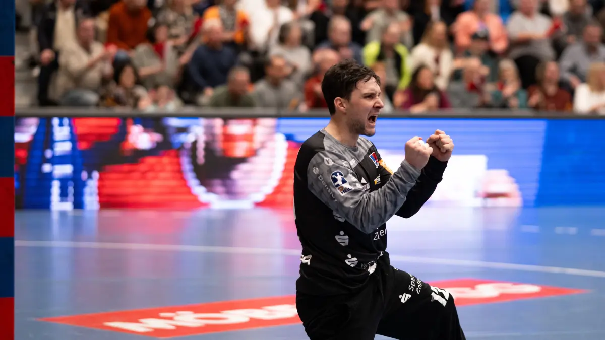 Mateusz Kornecki (HBW Balingen Weilstetten, #01, Torwart) nach guter Aktion
HBW Balingen Weilstetten vs. HSC 2000 Coburg, Handball, 2. Bundesliga, 22. Spieltag, Saison 2025/2026, 28.02.2026
Eibner-Pressefoto/Andreas Ulmer