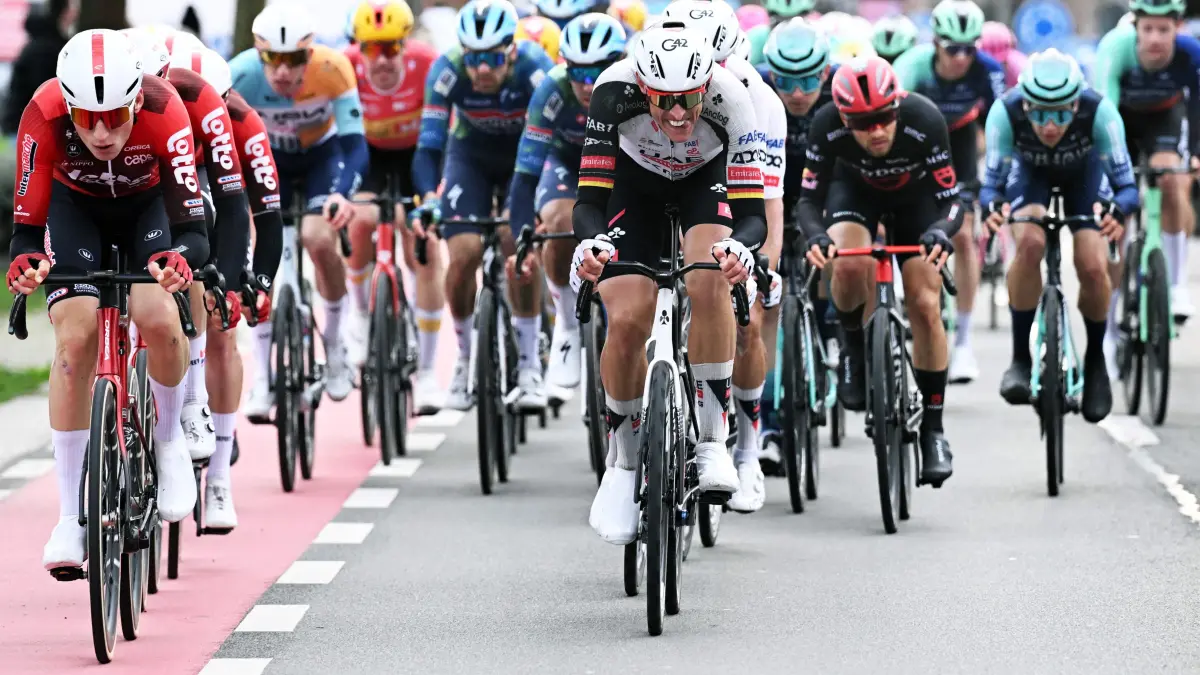 Germany's Nils Politt of UAE Team Emirates-XRG (C) rides during the 78th edition of the men's one-day cycling race Kuurne-Brussels-Kuurne, 195km from Kuurne to Kuurne via Brussels on March 1, 2026. (Photo by Tomas SISK / Belga / AFP) / Belgium OUT