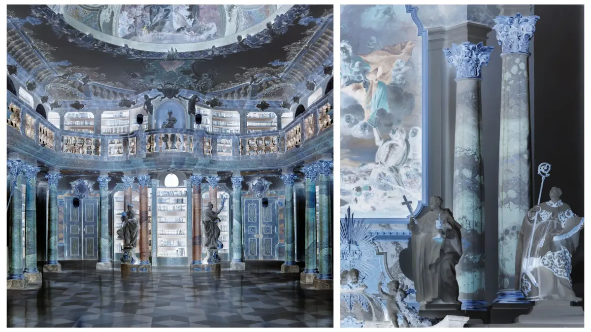 Zwei Aufnahmen aus Axel Hüttes Oberschwaben-Serie: links die Klosterbibliothek in Wiblingen, rechts ein Detail vom Hochaltar der Klosterkirche Sießen.