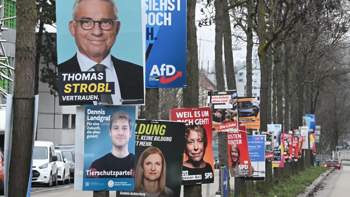 Landtagswahl in Baden-Württemberg - Wahlplakate: PRODUKTION - 25.02.2026, Baden-Württemberg, Heilbronn: Wahlplakate der Parteien für die Landtagswahl 2026 in Baden-Württemberg sind an Bäumen einer Allee an einer Zufahrtsstraße befestigt. Foto: Bernd Weißbrod/dpa - ACHTUNG: Nur zur redaktionellen Verwendung im Zusammenhang mit einer Berichterstattung die Landtagswahl 2026. +++ dpa-Bildfunk +++