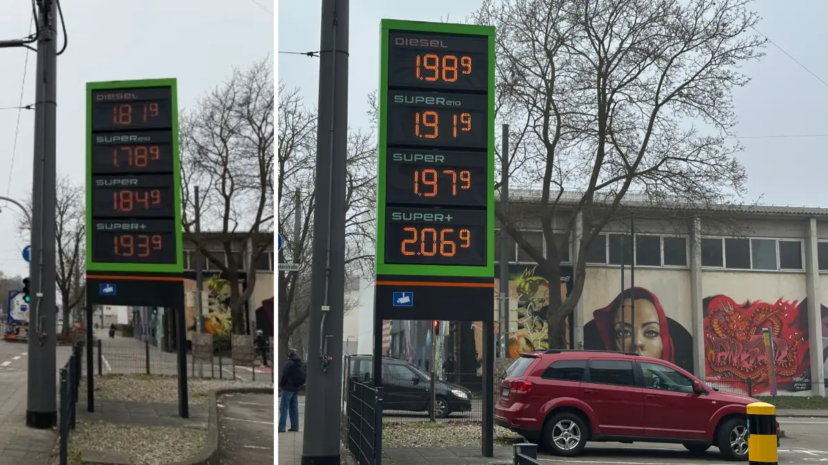Links die Spritpreise an der HEM-Tankstelle in der Olgastraße in Ulm am Dienstag, 3. März - rechts am Mittwoch, 4. März. Diesel kratzt mittlerweile an der 2-Euro-Marke, an anderen Ulmer Tankstellen hat er sie bereits geknackt.