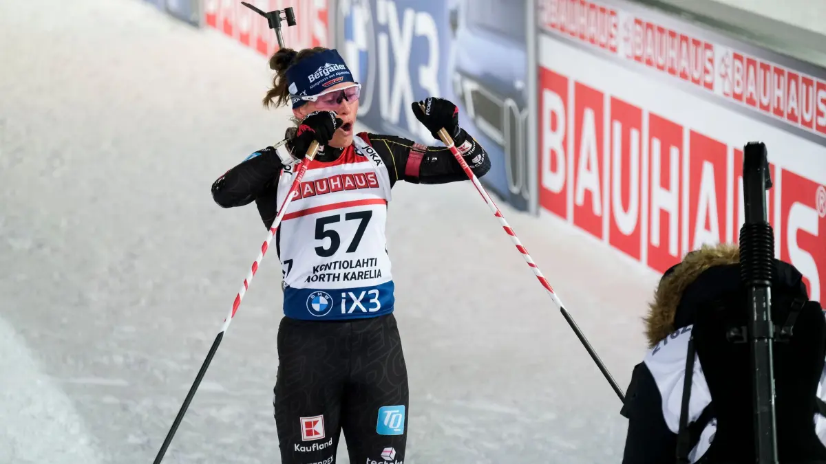 Biathlon: Weltcup: 05.03.2026, Finnland, Kontiolahti: Biathlon: Weltcup, Einzel 15 km, Frauen. Die fünftplatzierte Marlene Fichtner aus Deutschland während des 15-km-Einzelwettbewerbs der Frauen beim Biathlon-Weltcup. Foto: Minna Raitavuo/Lehtikuva/dpa +++ dpa-Bildfunk +++