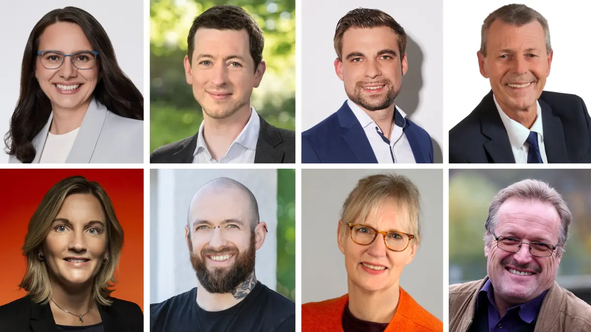 Die Direktkandidatinnen und -kandidaten im Wahlkreis Wahlkreis (von links oben nach rechts unten): Katrin Schindele (CDU), Daniel Belling (Grüne), Veit Grünberg (FDP), Andreas Grammel (AfD), Bettina Ahrens-Diez (SPD), Yannic Walheim (Linke), Sabine Frank (BSW) und Walter Schäuffele (Bündnis C).