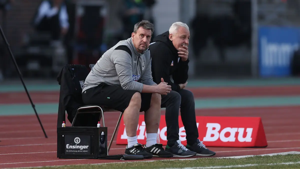 1. FC Schweinfurt 1905, SSV Ulm 1846, 3. Liga, 28. Spieltag, DFB, Fussball, sport, 07.03.2026: Oliver Unsöld (Co-Trainer, SSV Ulm 1846) und Pavel Dotchev (Cheftrainer, SSV Ulm 1846), DFL/DFB REGULATES PROHIBIT ANY USE OF PHOTOGRAPHS AS IMAGE SEQUENCES AND/OR QUASI-VIDEO
Fotograf: Eibner-Pressefoto /Julian Christ
