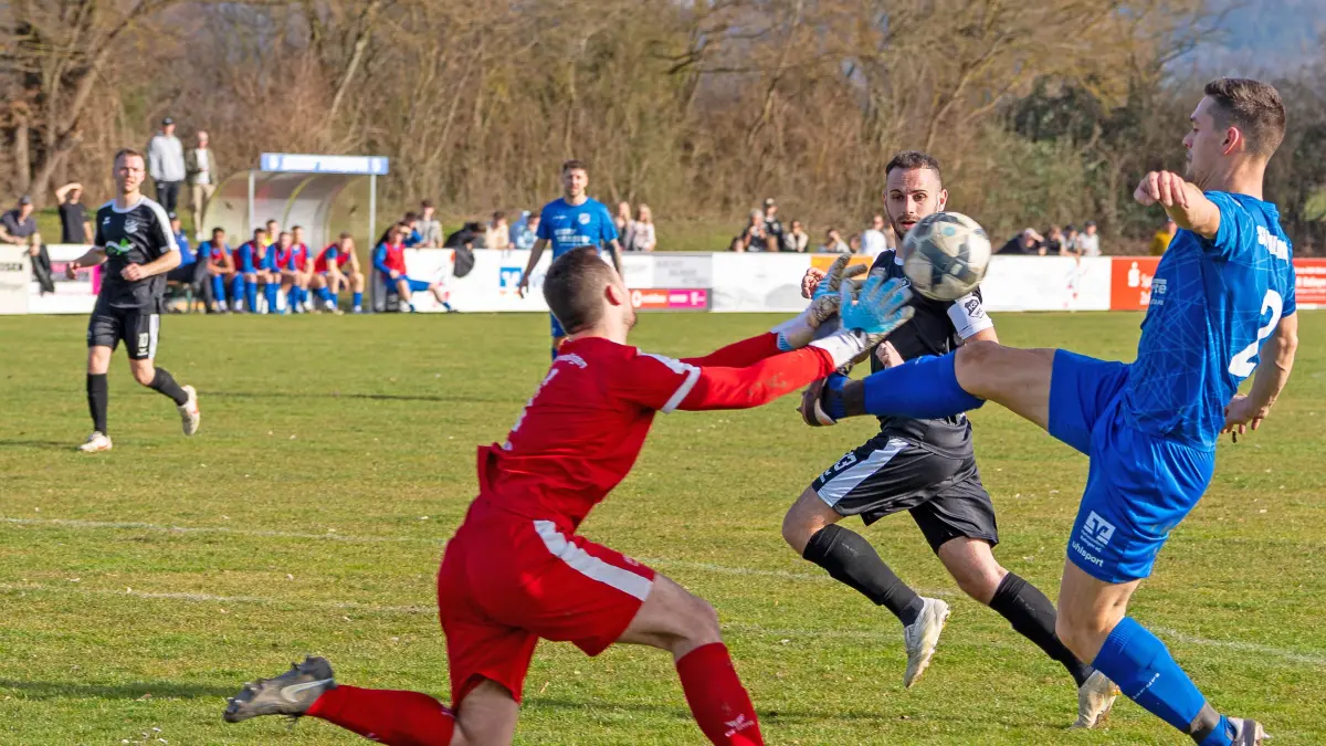 Nick Sulzer (FC Grosselfingen, #01), Maik Dehner (FC Grosselfingen, #13), David Kleinfeld (TSV Trillfingen, #02),
TSV Trillfingen vs. FC Grosselfingen, Bezirksliga, 21. Spieltag, Spielzeit 2025/2026, 07.03.2026,
Foto: Eibner-Pressefoto/Michael Maehrle