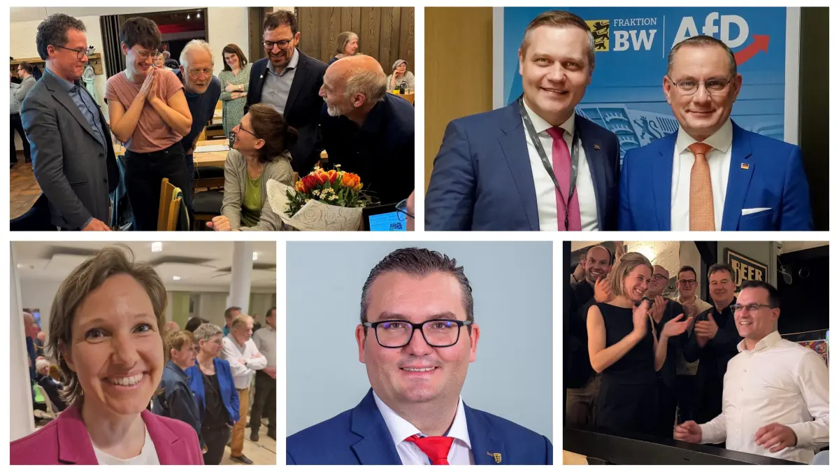 Im Uhrzeigersinn (von links nach rechts): Lea Geldner (Grüne), Anton Baron (AfD), Isabell Rathgeb (CDU), Udo Stein (AfD) und Dr. Tim Breitkreuz (CDU) freuen sich über den Einzug in den Landtag.