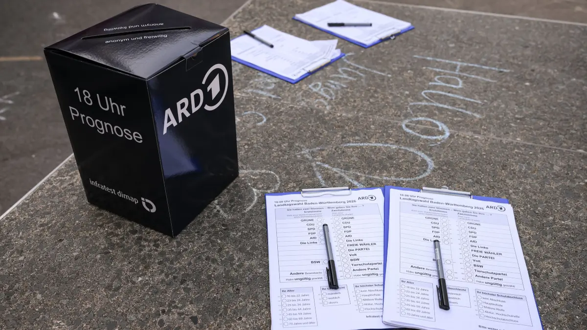 Landtagswahl Baden - Wuerttemberg: Horb (Kreis Freudenstadt) 08.03.2026
Landtagswahl Baden - Wuerttemberg, Wahllokal Grundschule in Horb, Wahlbefragung durch Infratest dimap fuer den ARD Baden - Wuerttemberg Trend, Umfragezettel der ARD Prognose mit ARD Wahlbox
FOTO: Pressefoto ULMER / Markus Ulmer xxNOxMODELxRELEASExx