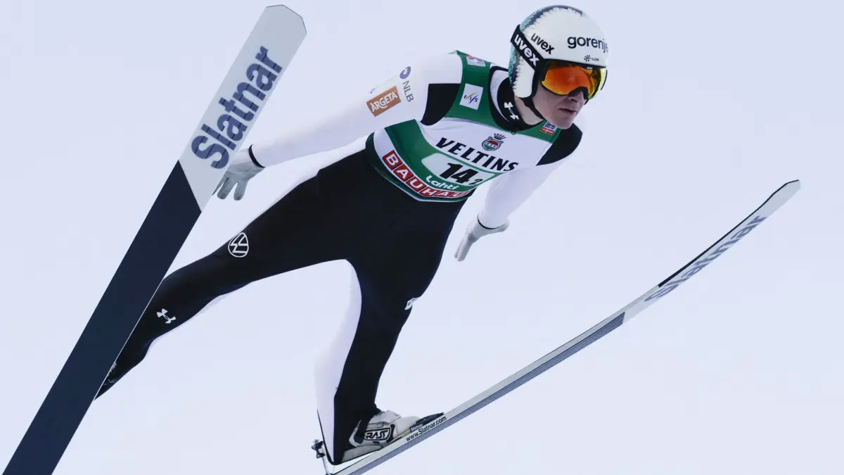Slovenia's Domen Prevc competes during the Ski Jumping Men's HS130 Super Team competition at the FIS Nordic World Cup Lahti Ski Games in Lahti, Finland, on March 8, 2026. (Photo by Petri Korteniemi / Lehtikuva / AFP) / Finland OUT