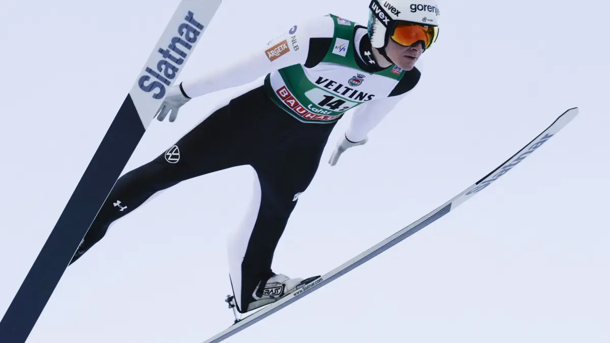 Slovenia's Domen Prevc competes during the Ski Jumping Men's HS130 Super Team competition at the FIS Nordic World Cup Lahti Ski Games in Lahti, Finland, on March 8, 2026. (Photo by Petri Korteniemi / Lehtikuva / AFP) / Finland OUT