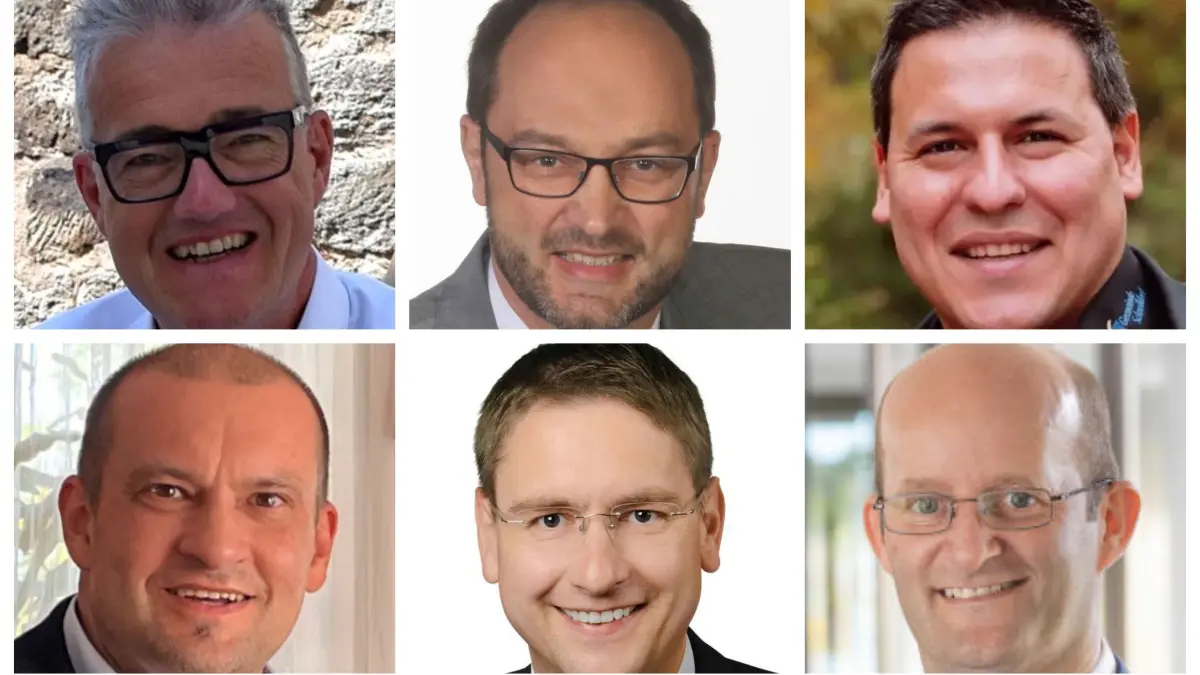 Kommunalwahl im Landkreis Ansbach (im Uhrzeigersinn von links nach rechts): Patrick Ruh (Feuchtwangen), Jürgen Geier (Dombühl), Tobias Strauß (Schnelldorf), Mathias Scheuer (Schopfloch), Dr. Jürgen Ludwig (Landrat) und Dr. Markus Naser (Rothenburg)