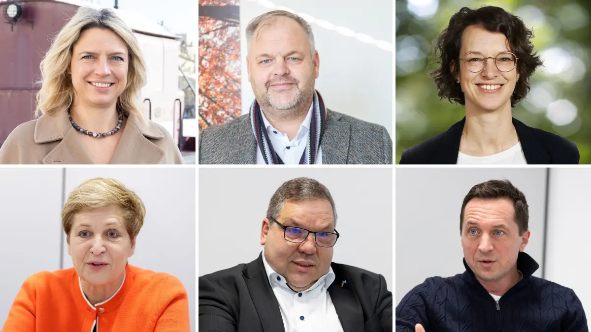 Landtagswahl 2026 LTW: Die Abgeordneten im Landkreis Göppingen. Oben v.l. Wahlkreis Göppingen: Sarah Schweizer (CDU, Direktmandat), Sandro Scheer (AfD), Mariska Ott (Grüne). Unten v.l. Wahlkreis Geislingen: Nicole Razavi (CDU, Direktmandat), Uwe von Wangenheim (AfD), Sascha Binder (SPD).