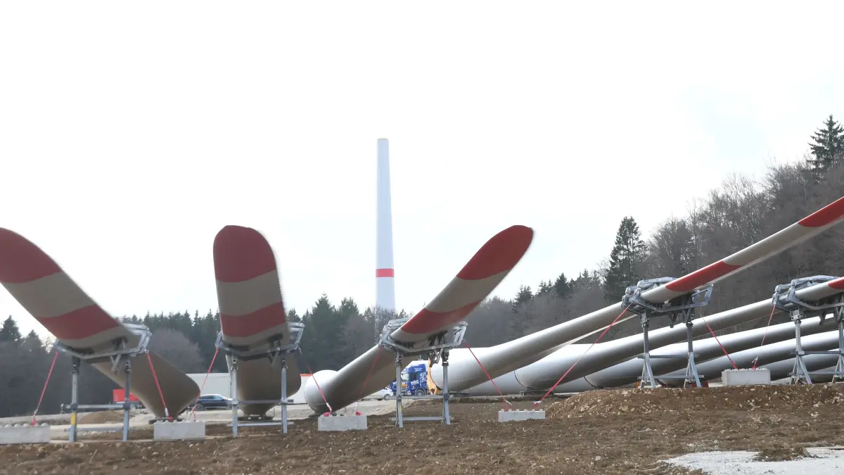 In Reih und Glied abgelegt, harren die 80 Meter langen und 21 Tonnen schweren Rotorblätter der Weiterverarbeitung.