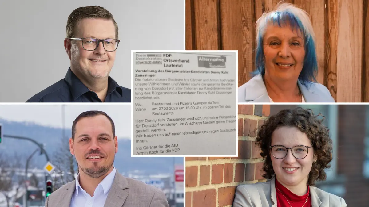 Knatsch in Donzdorf wegen gemeinsamer Einladung im Namen von FDP und AfD von den Stadträten Armin Koch (o.l.) und Iris Gärtner (o.r.) an OB-Kandidat Danny Kuhl-Zaussinger (u.l.). FDP-Kreisvorsitzende Anna Ortwein (u.r.) geht gegen die Nutzung des Parteilogos vor.