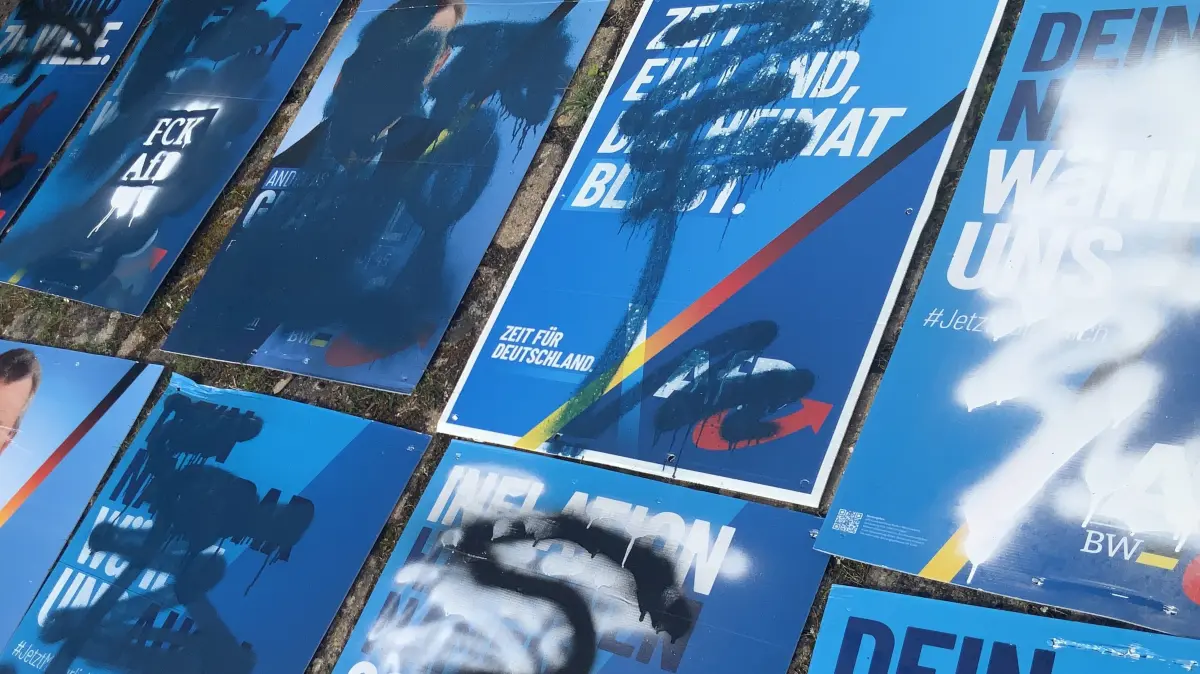 Rodolfo Panetta hat alle beschädigten AfD-Plakate fein säuberlich aufgereiht und die Schäden dokumentiert.