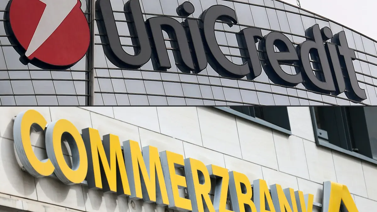 (FILES) (COMBO) This combination of pictures created on December 18, 2024 shows
the Unicredit logo on the Unicredit tower in Milan on November 7, 2017 and the logo of German bank Commerzbank is pictured in Frankfurt am Main, western Germany, on September 24, 2024.. Italian bank UniCredit on March 16, 2026, made a 35-billion-euro ($40 billion) takeover offer for Germany's Commerzbank, a move likely to provoke fierce resistance from the government in Berlin.
While stressing that it did not expect to take full control, UniCredit said it would raise its stake in the German bank to more than 30 percent, triggering a mandatory takeover offer for the whole bank under German law. (Photo by MARCO BERTORELLO and Daniel ROLAND / AFP)