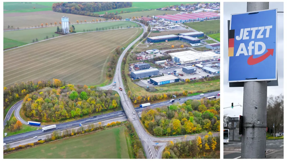 Autobahnausfahrt Wolpertshausen sowie ein Blick auf das Gewerbegebiet Wolpertshausen UND AfD-Wahlplakat