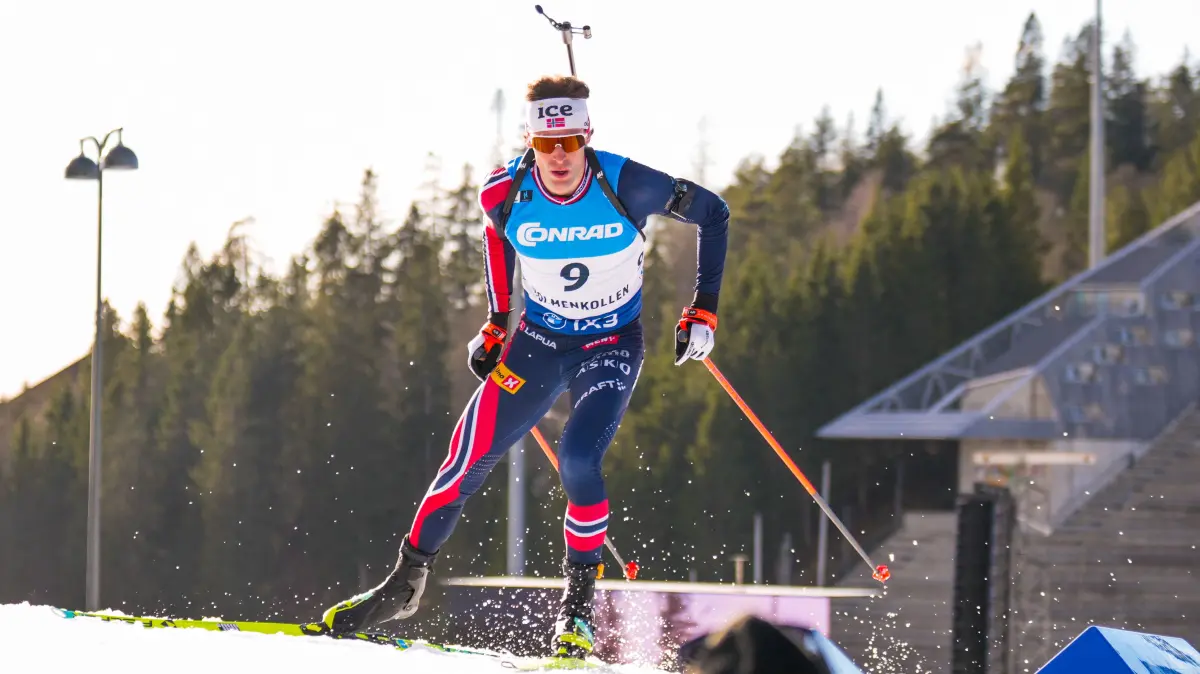 Norway's Sturla Holm Laegreid competes during the men's 10km sprint event of the IBU Biathlon World Cup in Holmenkollen, Oslo on March 20, 2026. (Photo by Heiko Junge / NTB / AFP) / Norway OUT