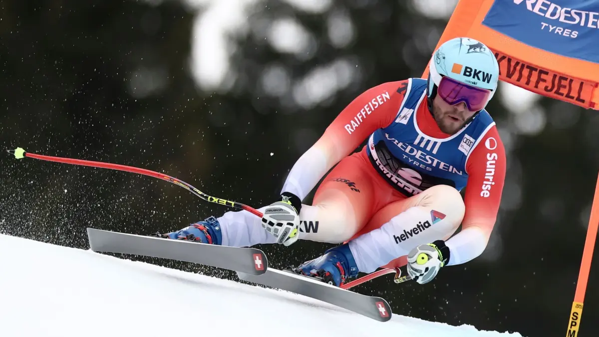 Ski alpin: Weltcup in Kvitfjell: 22.03.2026, Norwegen, Kvitfjell: Ski alpin: Weltcup, Super G,Männer. Der Schweizer Alexis Monney rast während des Super-G der Herren beim Weltcup-Finale die Strecke hinunter. Foto: Gabriele Facciotti/AP/dpa +++ dpa-Bildfunk +++