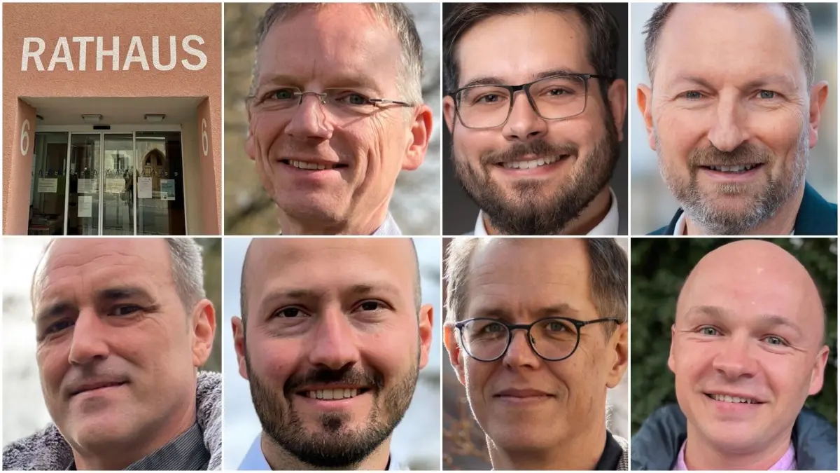 Kandidaten für die Ammerbucher Bürgermeisterwahl (im Uhrzeigersinn) Daniel Rudolph, Michel Salzer, Achim Höckh, Max Karrenführ, Andreas Schmitz, Lukas Haderlein, Norbert Gimpl.