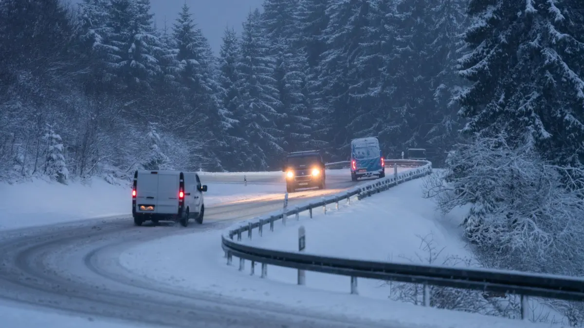 Wetter in Baden-Württemberg: 26.03.2026, Baden-Württemberg, Vöhrenbach: Autos fahren bei Vöhrenbach auf einer von Schnee bedeckten Straße. In der Nacht zum Donnerstag hat es im Schwarzwald geschneit. Foto: Silas Stein/dpa +++ dpa-Bildfunk +++