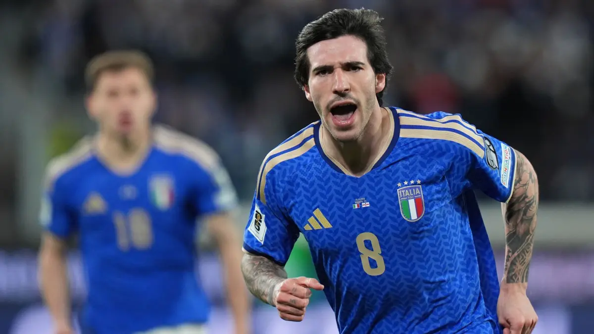 Italien - Nordirland: 26.03.2026, Italien, Bergamo: Fußball: WM-Qualifikation Europa, Italien - Nordirland, Play-off-Runde, Halbfinale, New Balance Arena, Sandro Tonali (Italien) jubelt über seinen Treffer zum 1:0. Foto: Spada/LaPresse via ZUMA Press/dpa +++ dpa-Bildfunk +++