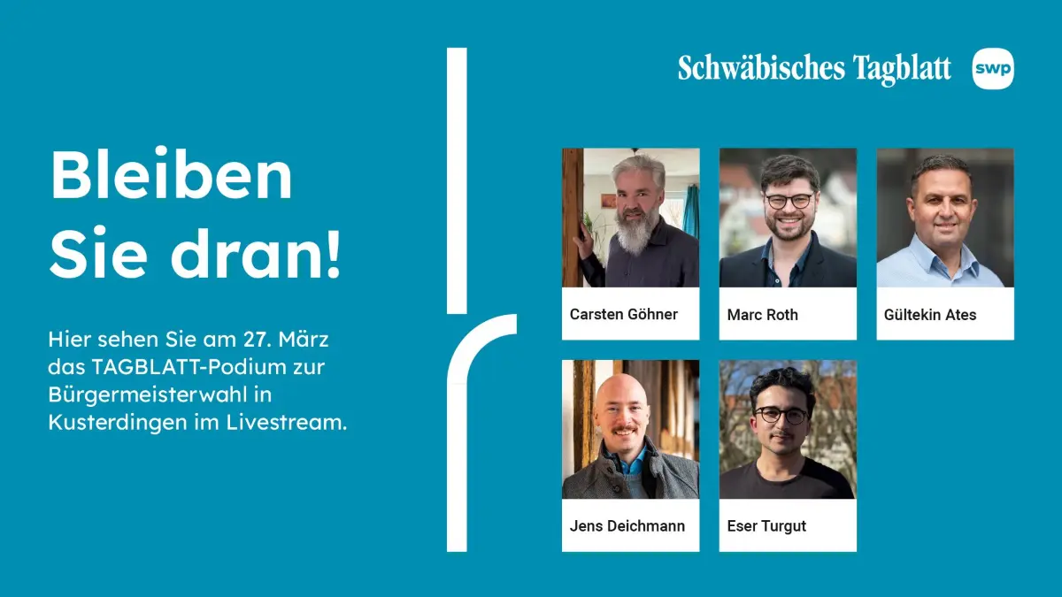 Heute stellen sich die fünf Kandidaten für das Amt des Bürgermeisters in Kusterdingen vor. Anschließend befragt Ulrich Janßen sie beim Podium des SCHWÄBISCHEN TAGBLATTs - wir übertragen es im Livestream.