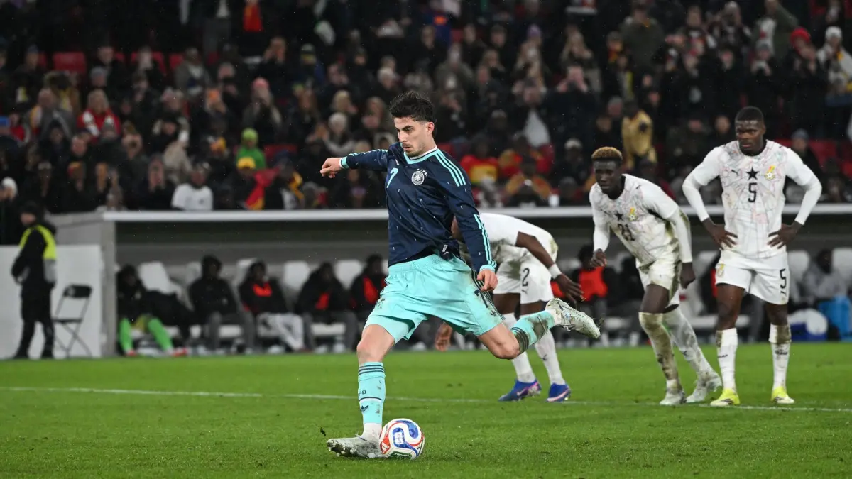 Deutschland - Ghana: 30.03.2026, Baden-Württemberg, Stuttgart: Fußball, Männer, Länderspiele, Deutschland - Ghana, MHP Arena. Kai Havertz (Deutschland) erzielt per Elfmeter das Tor zum 1:0. Foto: Marijan Murat/dpa - WICHTIGER HINWEIS: Gemäß den Vorgaben der DFL Deutsche Fußball Liga bzw. des DFB Deutscher Fußball-Bund ist es untersagt, in dem Stadion und/oder vom Spiel angefertigte Fotoaufnahmen in Form von Sequenzbildern und/oder videoähnlichen Fotostrecken zu verwerten bzw. verwerten zu lassen. +++ dpa-Bildfunk +++