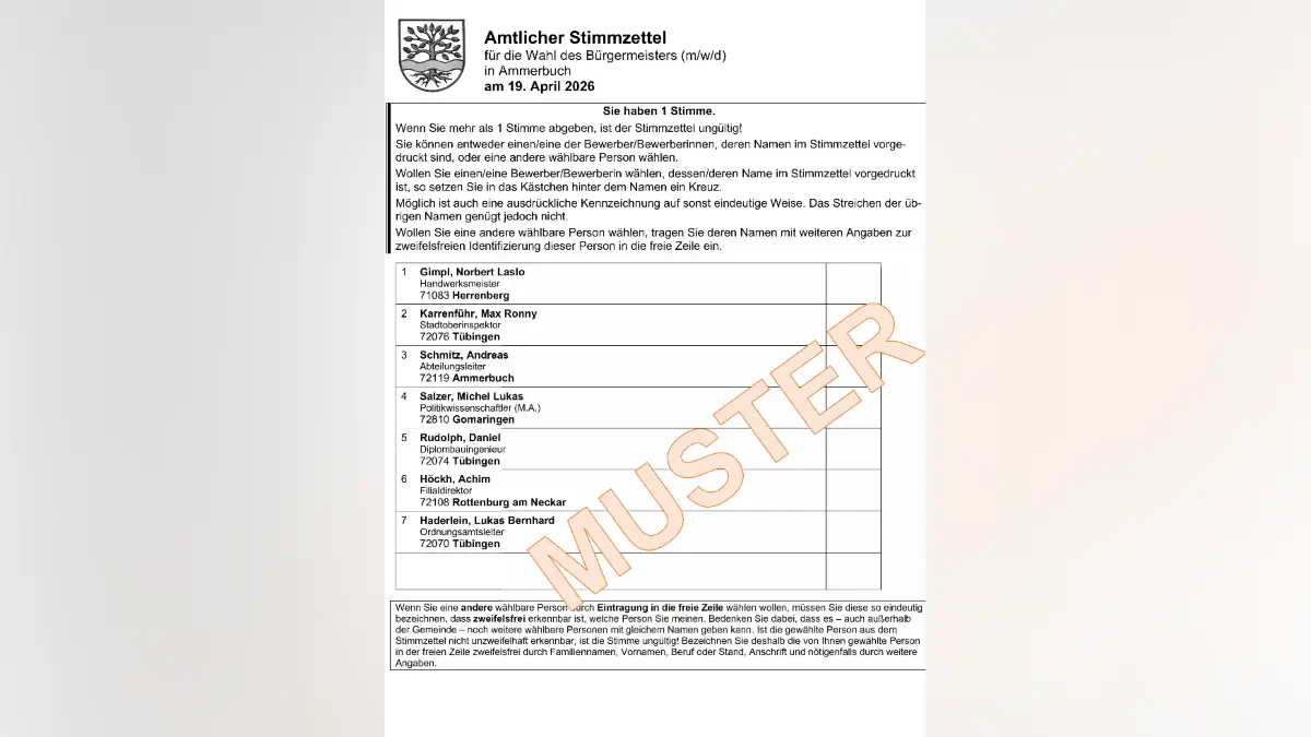 Musterstimmzettel für die Bürgermeisterwahl in Ammerbuch