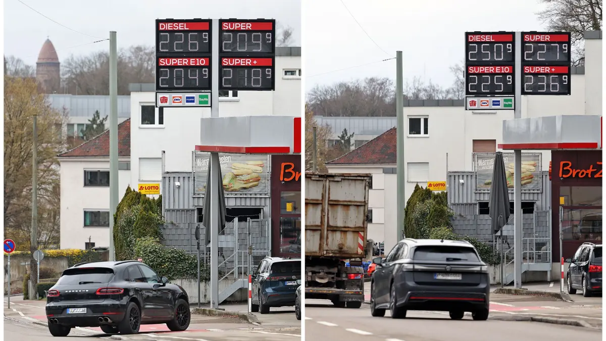 Ran-Tankstelle in der Heidenheimer Straße am 1. April 2026: links der Preis kurz vor 12 Uhr, rechts der Preis um 12.05 Uhr, der aber kurz darauf schon wieder etwas niedriger lag