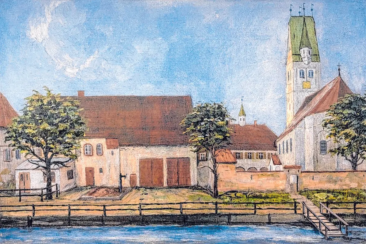 Das Firmengebäude neben dem Dietenheimer Kirchturm im Jahr 1851. ⇥Fotos: Sammlung Semler