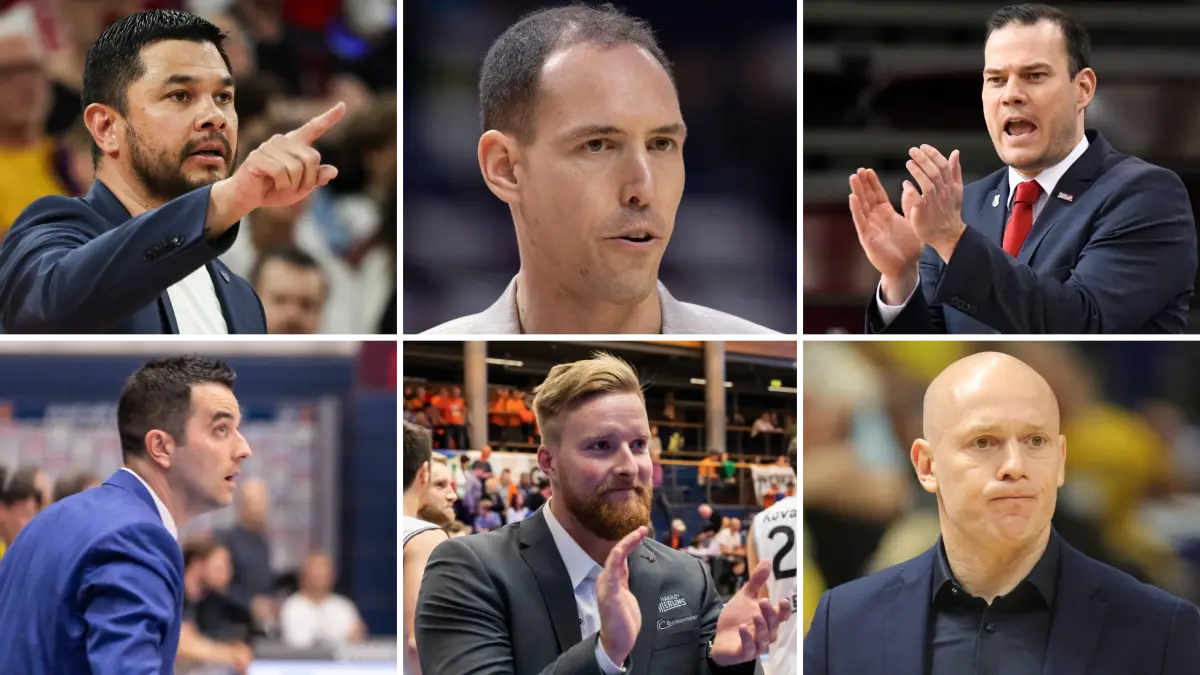 Kandidaten für die Merlins? Basketball-Coaches von links oben nach rechts unten: Danny Jansson, Ferried Naciri, Johan Roijakkers, Aleksandar Šćepanović, Joonas Iisalo und Lionel Bosco