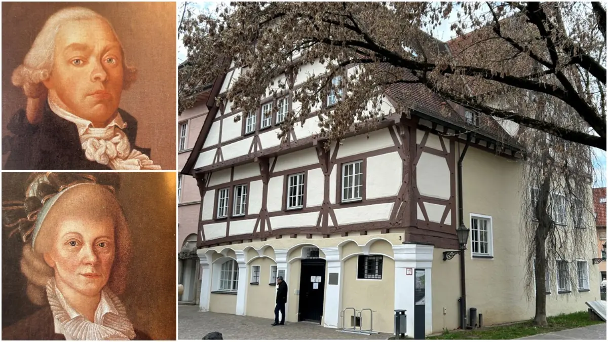 Sechs Jahre wohnte er in Geislingen: Christian Friedrich Daniel Schubart. Er machte seiner Frau Helena in der Ehe das Leben nicht leicht. Beide Porträts sind in den frühen 1770er Jahren entstanden. Rechts ist das Schubarthaus zu sehen, wie es sich heute mit seinen zwei Giebeln und dem Sichtfachwerk am Schlossplatz präsentiert.