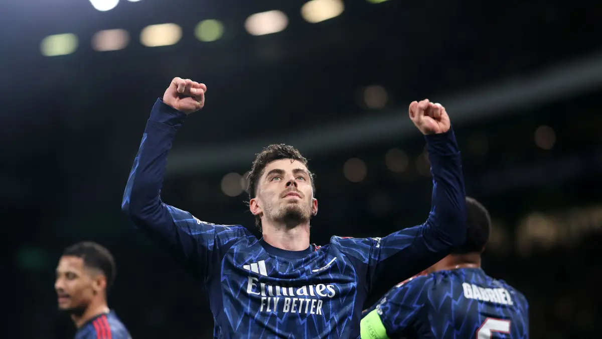 Arsenal's German midfielder #29 Kai Havertz celebrates after scoring during the UEFA Champions League quarter final first leg football match between Sporting CP and Arsenal at Jose Alvalade stadium in Lisbon on April 7, 2026. (Photo by PATRICIA DE MELO MOREIRA / AFP)