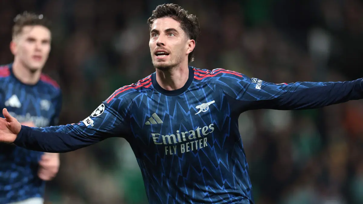 Arsenal's German midfielder #29 Kai Havertz celebrates after scoring during the UEFA Champions League quarter final first leg football match between Sporting CP and Arsenal at Jose Alvalade stadium in Lisbon on April 7, 2026. (Photo by PATRICIA DE MELO MOREIRA / AFP)