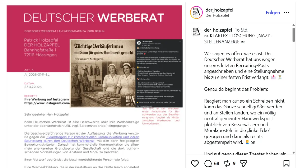 Nachdem der Werberat sich mit einem Schreiben bei der Metzgerei Holzapfel meldete, löscht die Metzgerei ihre umstrittene Anzeige.