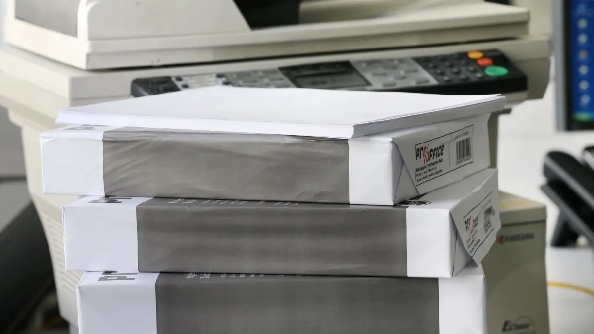 Packungen mit weißem DIN-A4-Papier liegen vor einem Drucker: ARCHIV - Muss nicht zwangsläufig schmutzig-grau oder braun sein: Recyclingpapier gibt es in verschiedenen Tönen. (zu dpa: «Papier-Siegel im Vergleich: Was steckt hinter den Labels?») Foto: Stephan Jansen/dpa - Honorarfrei nur für Bezieher des dpa-Themendienstes +++ dpa-Themendienst +++