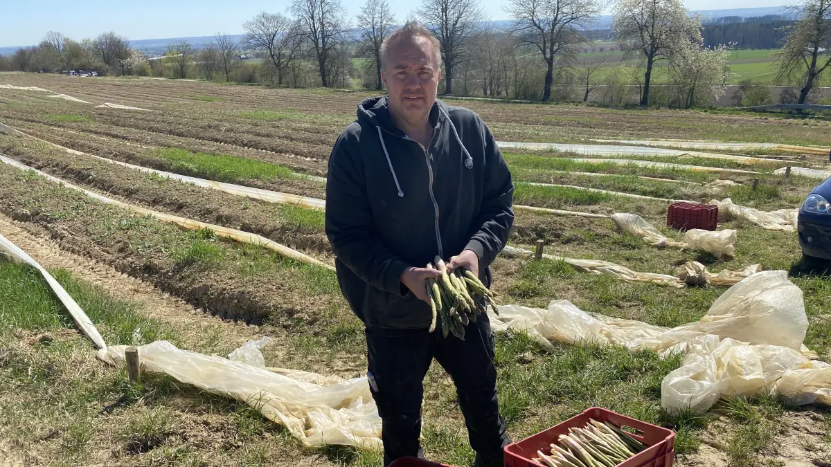Feldfrüchte: Florian Mall mit einer Handvoll weißem Spargel.