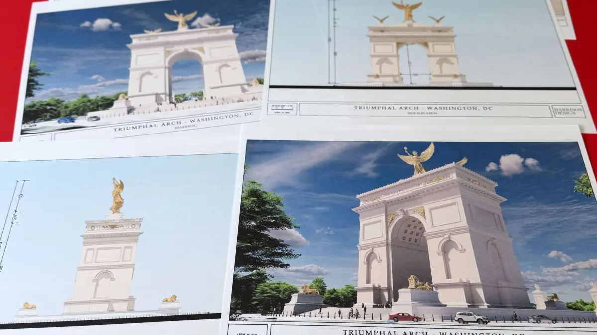 Trumps Triumphbogen: 10.04.2026, USA, Washington: Fotos von künstlerischen Renderings und Diagramme für US-Präsident Trumps neuen Triumphbogen, der von der U.S. Commission on Fine Arts veröffentlicht wurde und in Washington zwischen dem Lincoln Memorial und dem Arlington National Cemetery gebaut werden soll. Foto: Jon Elswick/AP/dpa - ACHTUNG: Nur zur redaktionellen Verwendung im Zusammenhang mit der aktuellen Berichterstattung und nur mit vollständiger Nennung des vorstehenden Credits +++ dpa-Bildfunk +++