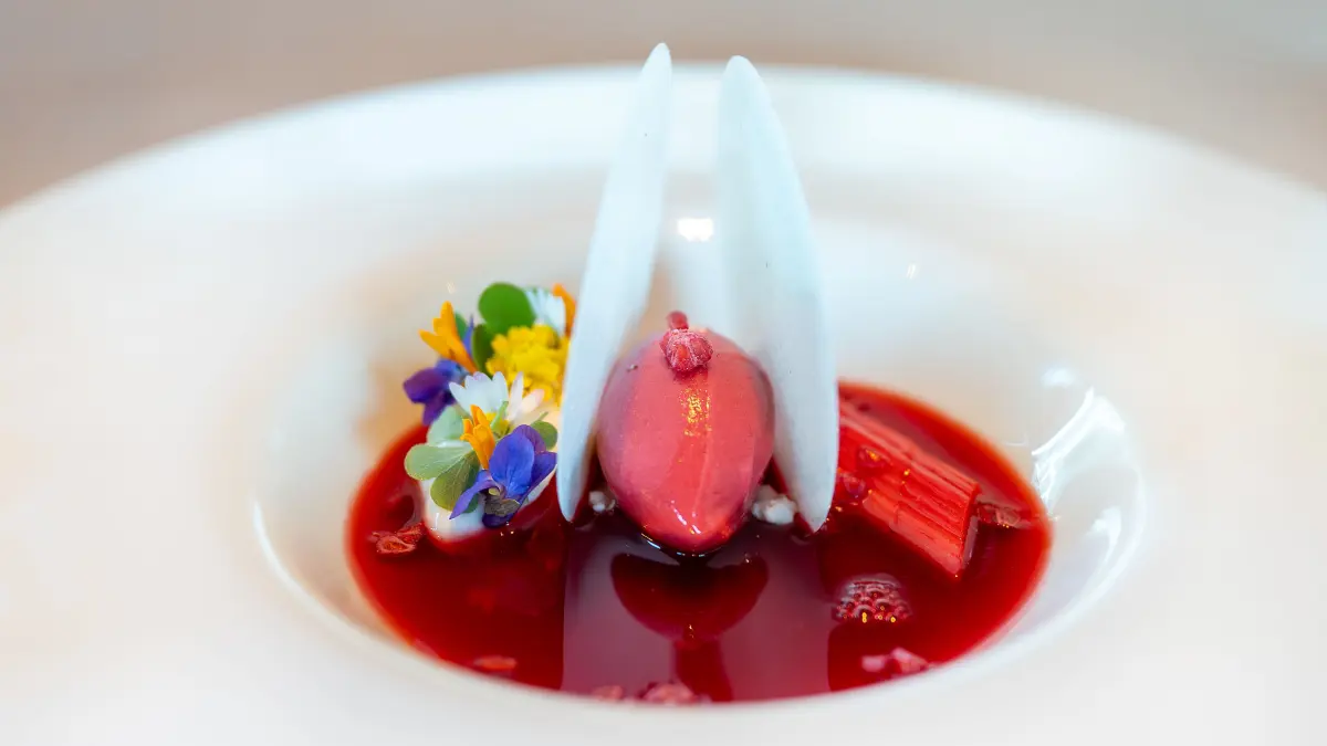 Rhabarber mit Rosenblüte und Himbeersorbet