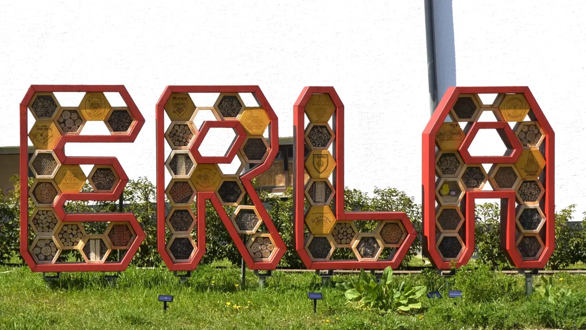 Das neue Bienenhotel "Erla" auf dem Dorfplatz heißt auch die kleinsten Lebewesen in Erlaheim willkommen.