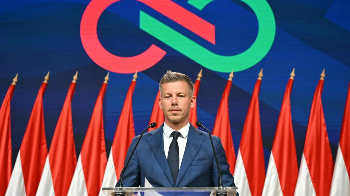 Peter Magyar, leader of the pro-European conservative TISZA party, delivers a press conference at the HUNGEXPO Congress and Exhibition Center in Budapest, Hungary, on April 13, 2026. The party of conservative Peter Magyar won a two-thirds parliamentary majority in Hungarian elections in a clear defeat for nationalist long-time Prime Minister Viktor Orban, according to near-complete results. (Photo by Attila KISBENEDEK / AFP)