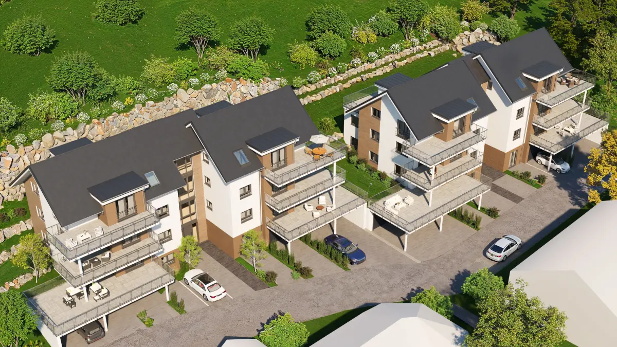 Blick in die Zukunft: Diese 3D-Visualisierung zeigt, wie sich die zwei Mehrfamilienhäuser am Knieacker in die Hanglandschaft einfügen. Bauherr Dieter Kopp nutzte die moderne Darstellung, um den Nachbarn und dem Ortschaftsrat zu demonstrieren, dass die Sichtachsen gewahrt bleiben und kein „Westwall“ entsteht.