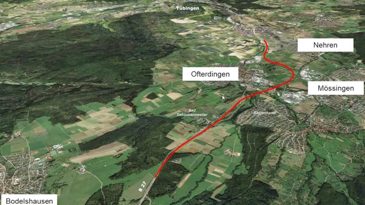 Die rote Linie zeigt den Verlauf der Endelbergtrasse zwischen Bodelshausen und Nehren über den Ofterdinger Endelberg.