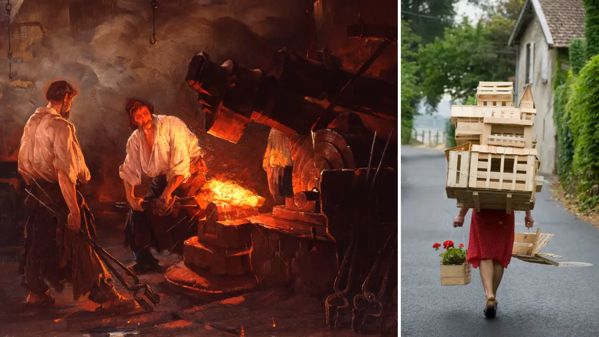 Zwei Bilder aus "Das kalte Herz": Friedrich von Kellers "Hammerschmiede" (um 1887) und Gabriela Oberkoflers "Buggelkraxen" (2010).