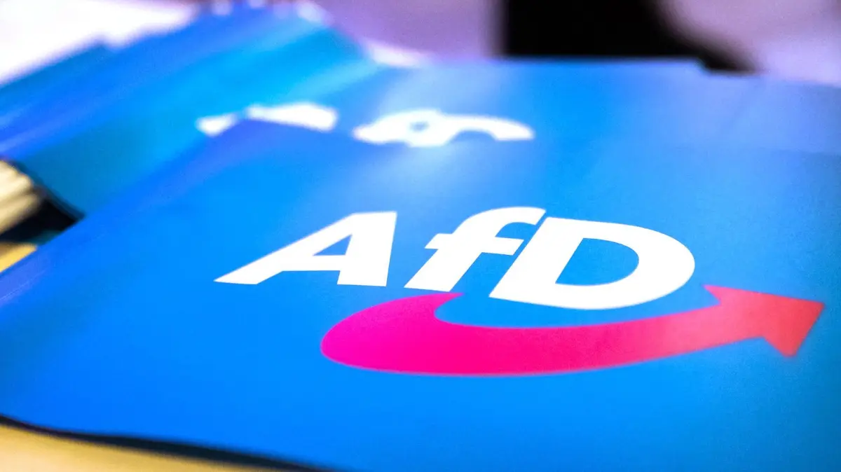 Fahne mit AfD-Logo: ARCHIV - 24.11.2018, Bayern, Greding: Fähnchen mit dem Logo der AfD liegen auf einem Tisch. (zu dpa: «Nach AfD-Parteitag rechte Parolen gegrölt - Prozess») Foto: Daniel Karmann/dpa +++ dpa-Bildfunk +++